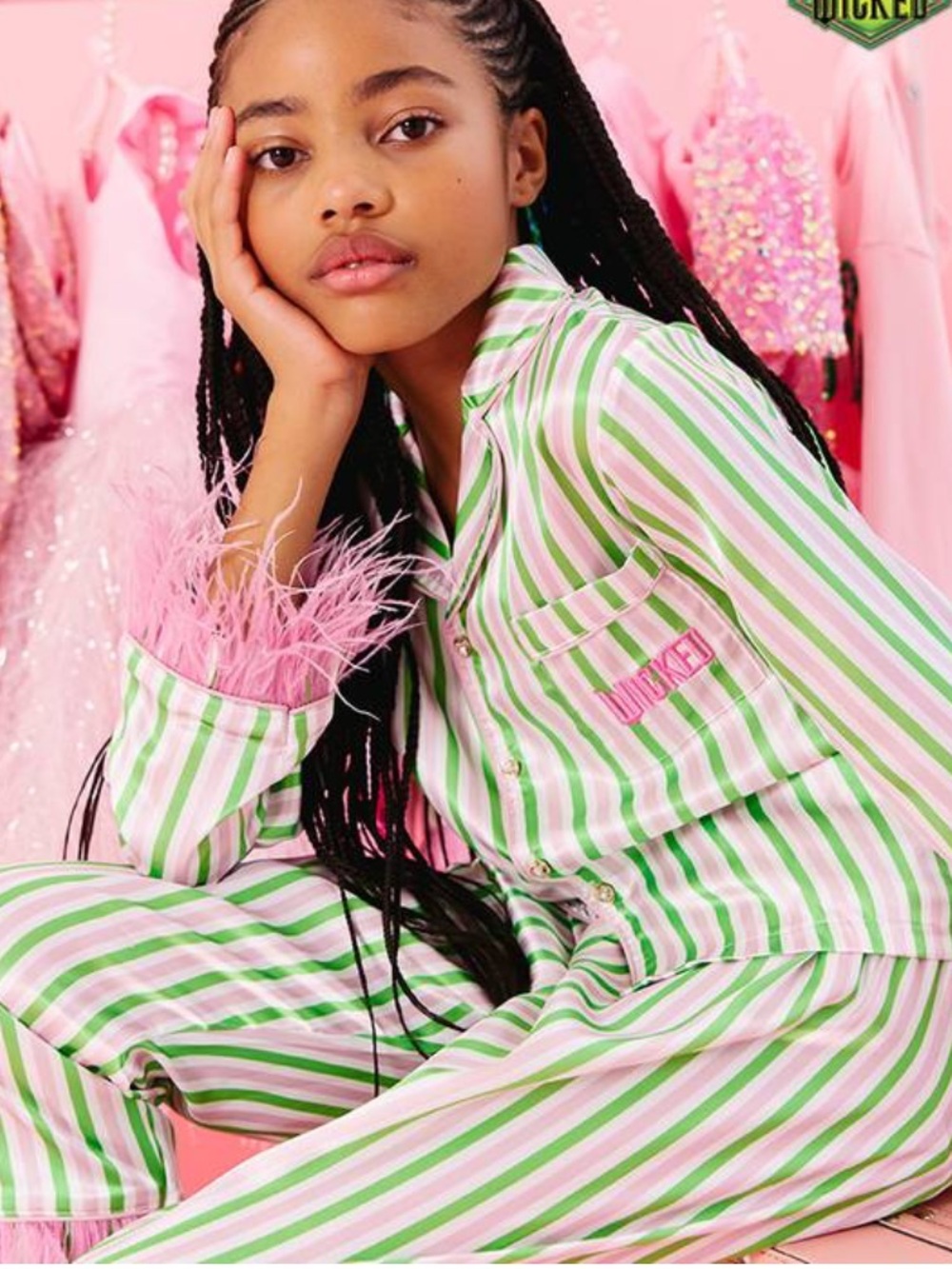 Lola + The Boys Wicked Universal Girl Pajama Set Green Pink Striped Feather Trim